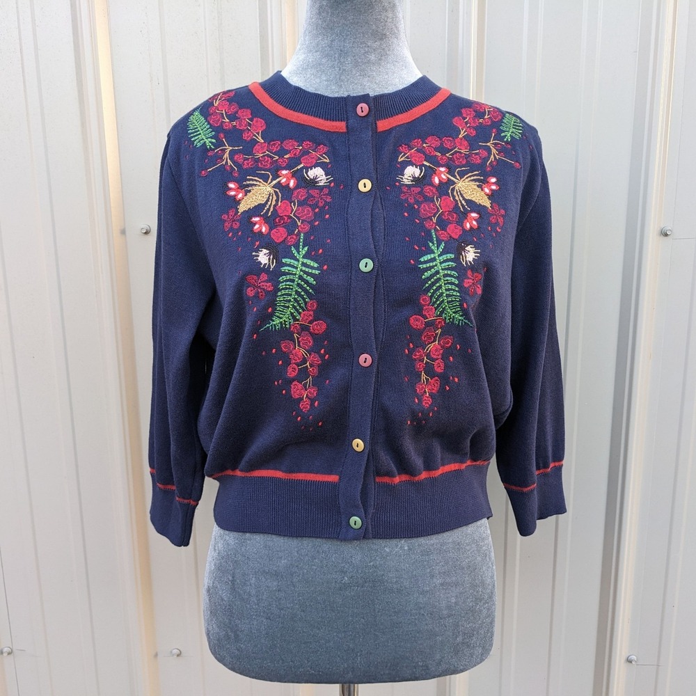 Palava Vera Navy Embroidered Berries Cardigan M Cottagecore Organic Cotton Retro